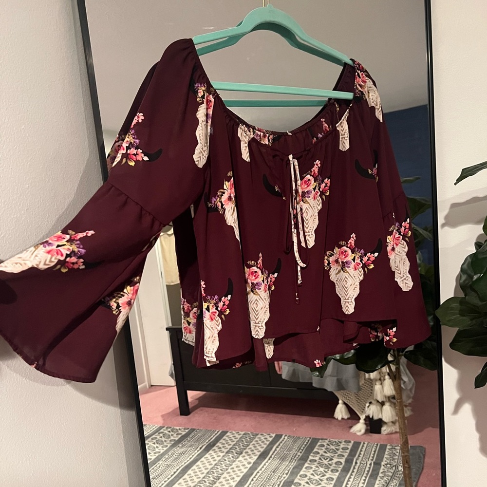 Altar’s State off the shoulder floral cow skull shirt